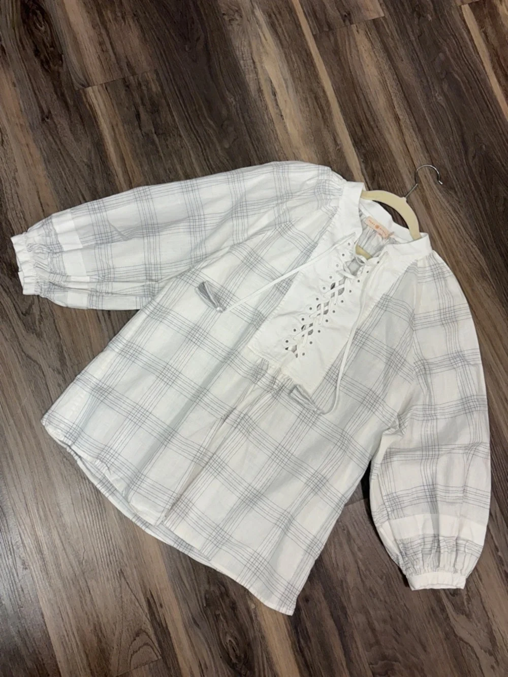 TORY BURCH WHITE PLAID LACE-UP PEASANT BLOUSE!